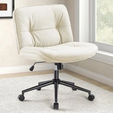 Armless-Office Desk Chair with Wheels, Cross Legged Wide Chair, PU Leather Co...