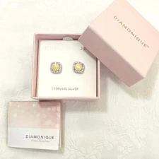 Diamonique Earrings Sterling Silver Simulated Opal CZ Cushion 925