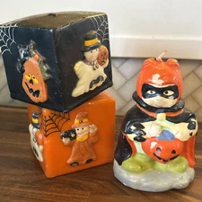 3 VTG Halloween 3" Candles Orange Black Ghosts Skull Pumpkin TRICK OR TREATER