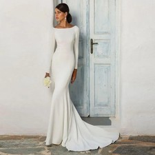 Mermaid Boat Collar Wedding Dress Long Sleeved Satin Pleated Zipper Bridal Gown