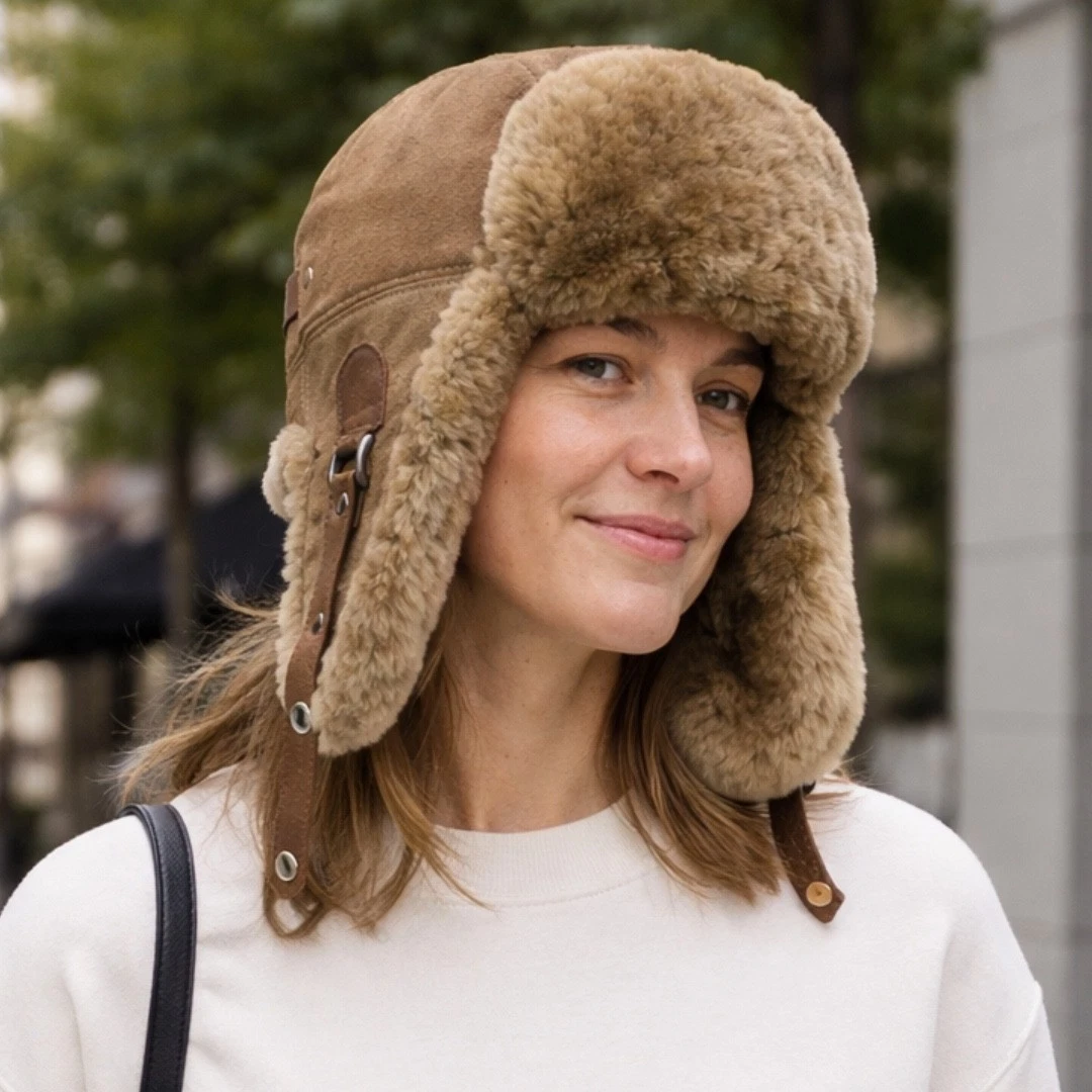 Sheepskin Ushanka Handmade Real Shearling Leather Trapper Hat — Aviator Hat
