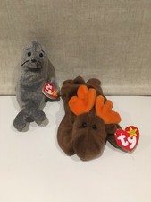 Lot Of 2-Ty Beanie Baby SLIPPERY Seal 1998/99, CHOCOLATE Moose 1993 Mint w/ Tags