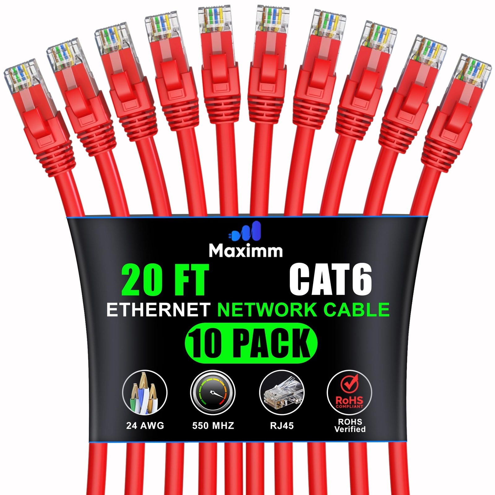 20ft Cat6 Ethernet Cable 10-Pack - High-Speed LAN Network Patch Cables-image