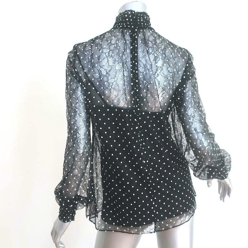 Blusa Akris Punto Lunares Encaje Negra Talla 4 Manga Larga Cuello Alto Top Foto 4 de 4