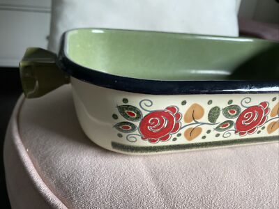 Vintage Baumann Tirol Floral Painted Enamel Casserole Baking Dish