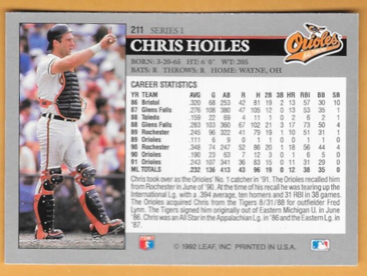 CHRIS HOILES BALTINMORE ORIOLES #211 no dot inc - LEAF NM-MT