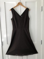 Ann Taylor Sleeveless Brown A-Line Dress. V Neck. Fully Lined. Ruched, Ribbon. 8