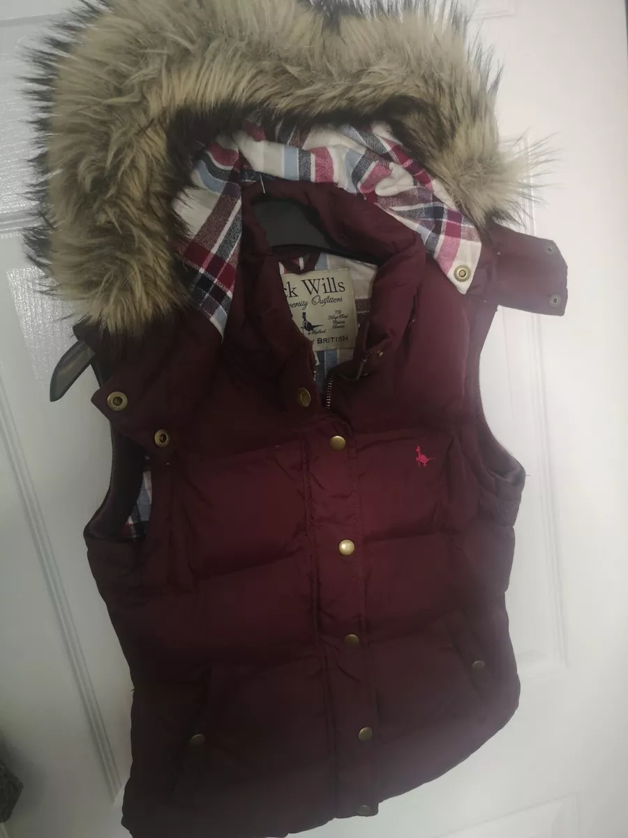 Jack Wills Gilet Bodywarmer Burgandy Feather Down With Hood Preppy
