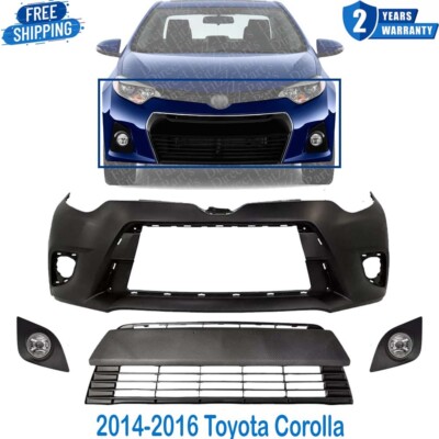 Bumper Cover Primed & Grille With Fog Light Pair For 2014-2016 Toyota Corolla