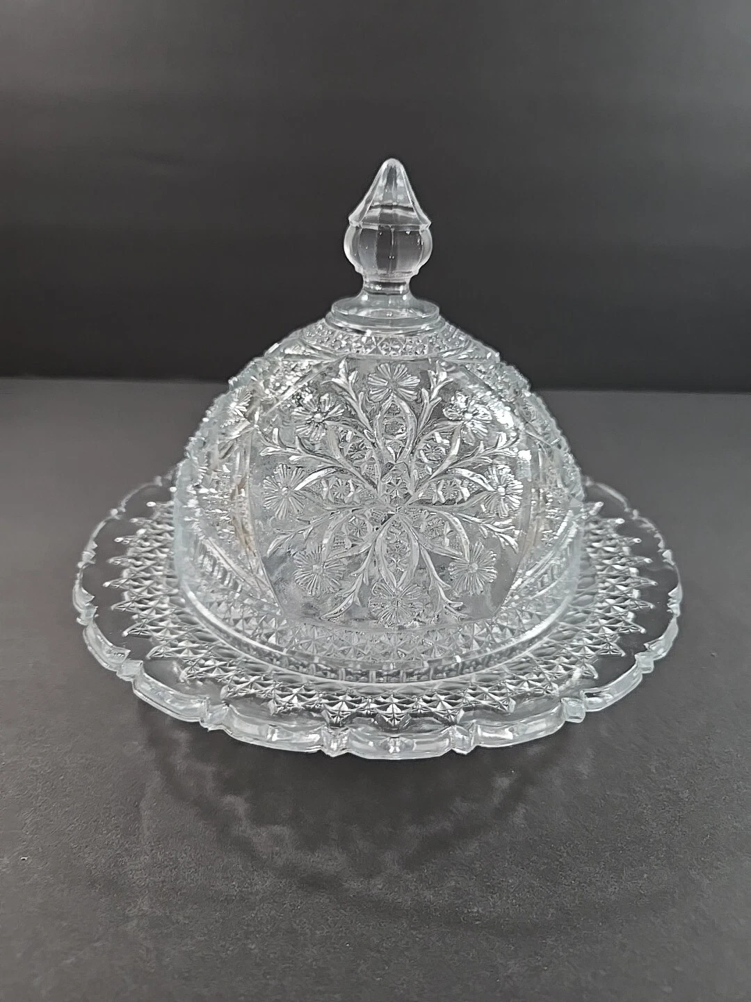 Vintage Clear Pressed Cut Glass Round Butter Cheese Ball Dish w/Dome Lid AS IS