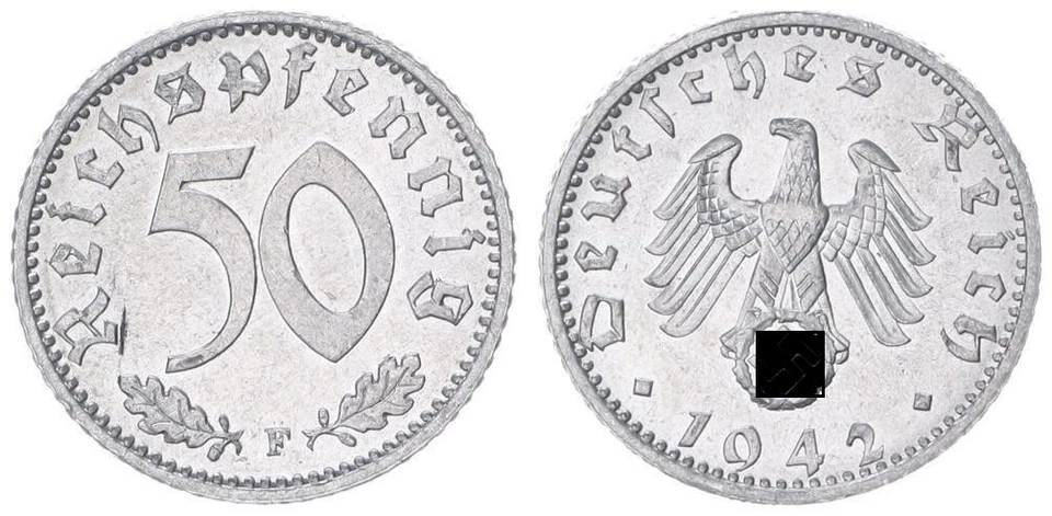 Drittes Reich 50 Pfennig 1942 F fast Stempelglanz winzige Schrötlingsfehle 97635 - Bild 1 von 1