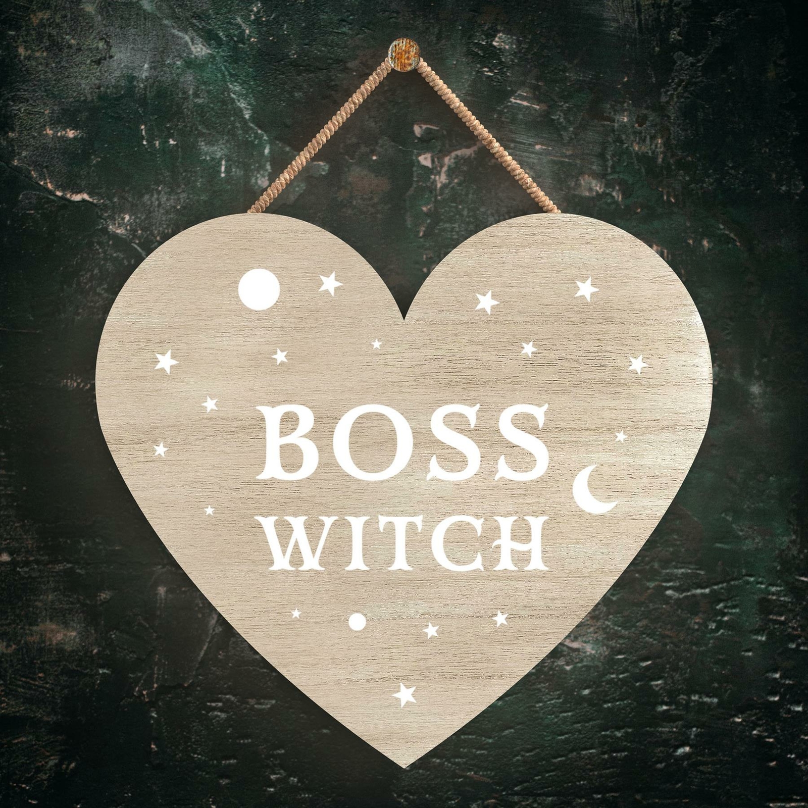 BOSS WITCH HEART SHAPED WITCHCRAFT THEMED HALLOWEEN WOODEN HANGING PLAQUE
