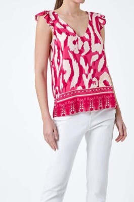 RÖMISCHE DAMEN ROSA ABSTRAKTER DRUCK RANDDRUCK FRILL WESTE TOP NEU (Ref. R)