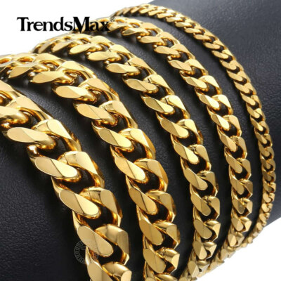 3/5/7/9/11mm Men's Gold Plated Stainless Steel Bracelet Curb Cuban Link Chain