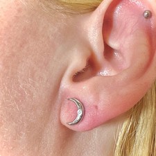 Crescent Moon Stud Earrings 925 Sterling Silver CZ Hypoallergenic Gift for Women