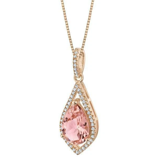 Morganite Natural Diamond Exquisite Drop Pendant 14k Solid Rose Gold NO CHAIN - Image 2 of 4