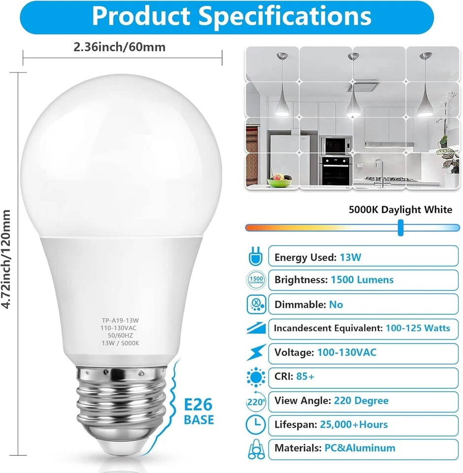 10-Pack A19 LED Light Bulbs, 100W Equivalent, Daylight White - Image 4 of 4