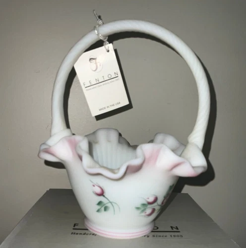 Vtg Fenton White Satin Ruffled Handle Basket "Rose Garden" Hand Painted Signed
