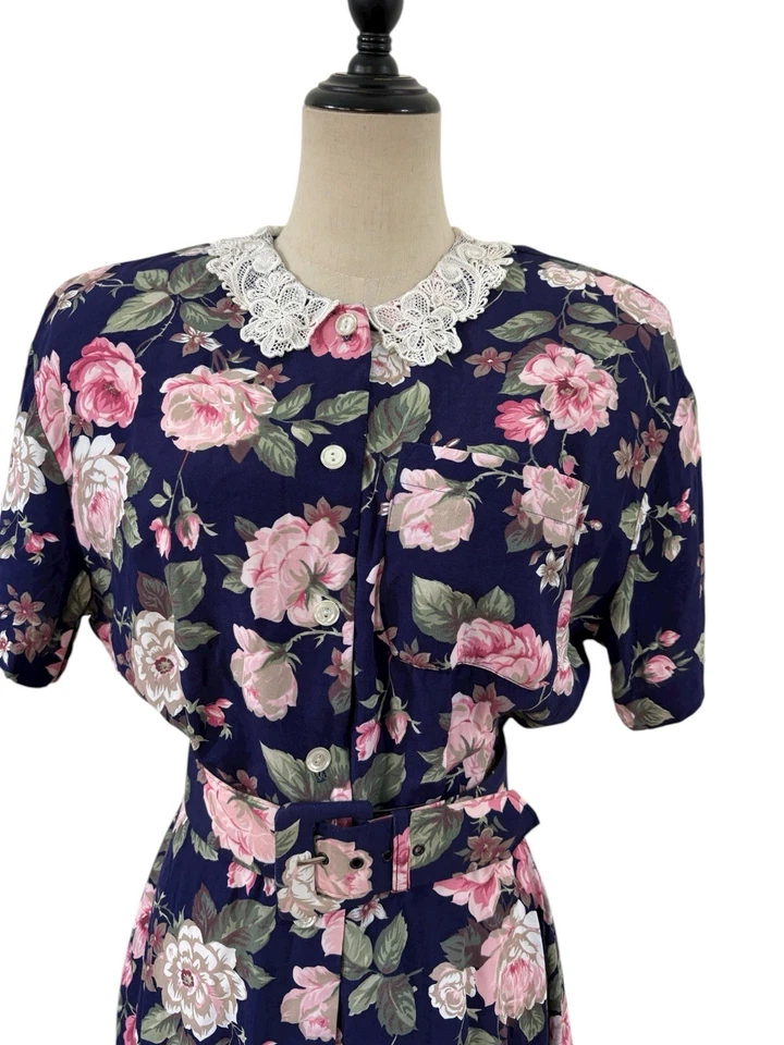 Vtg 80s 90s Blue Shirt Dress Lace Collar Roses Sz 10 Cottagecore Grandma  - Image 3 of 4