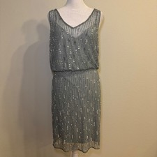 Adrianna Papell Beaded Flapper Dress Sleeveless Blue Grey Sequin Party