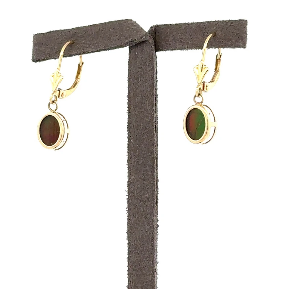14K Yellow Gold Oval Ammolite Dangle Lever Back Pierced Earrings - Image 4 of 4