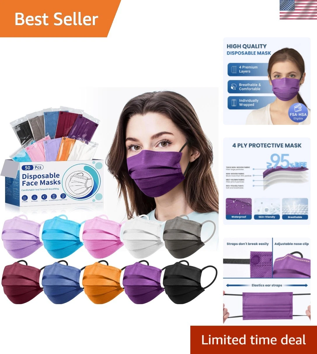 for Adults - 4 Ply Protection, Individually Wrapped 50 Pack, 10 Colors, Breat...