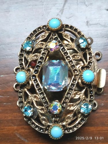 GRANDE CHIUSURA FERMAGLIO PER COLLANA IN METALLO DORATO E PIETRE AZZURRE BIJOUX - Picture 2 of 5