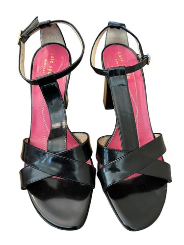 Kate Spade Size 6.5 Black Patent Leather Ankle Strap Heels Open Toe Italy - Picture 3 of 8