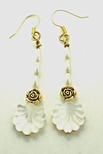 Dangle Drop Earrings with Mother of Pearl Rice Pearls Flowers Handmade