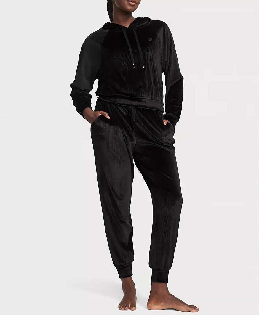 NWT Victoria's Secret TRACKSUIT SET M Hoodie+L jogger pants BLACK