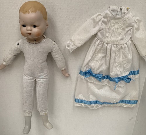 bisque head cloth stuffed body high quality doll In Long White Dress Looks New. - Picture 2 of 8