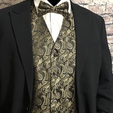 BLACK GOLD XS- 6XL Paisley Tuxedo Suit Dress Vest Waistcoat Bowtie Wedding Prom