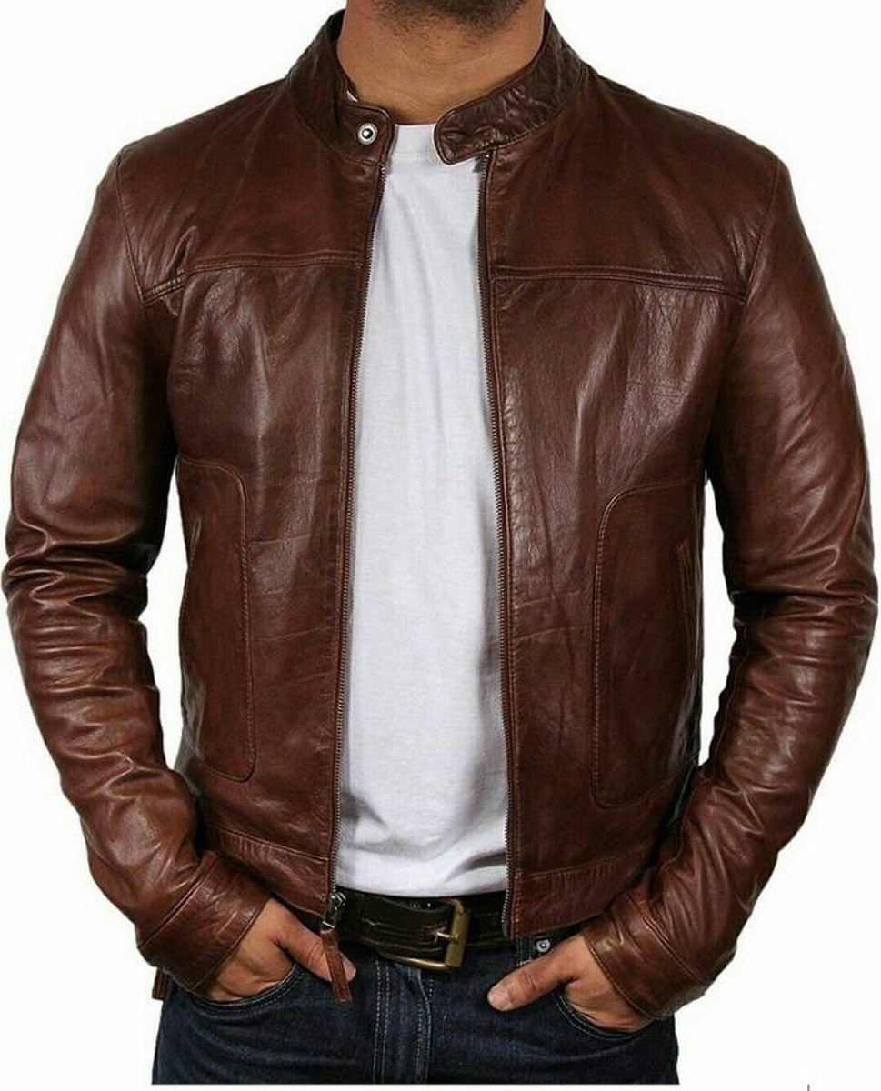 Men's Genuine Leather Plus Size Jacket Brown Biker Jacket Fat