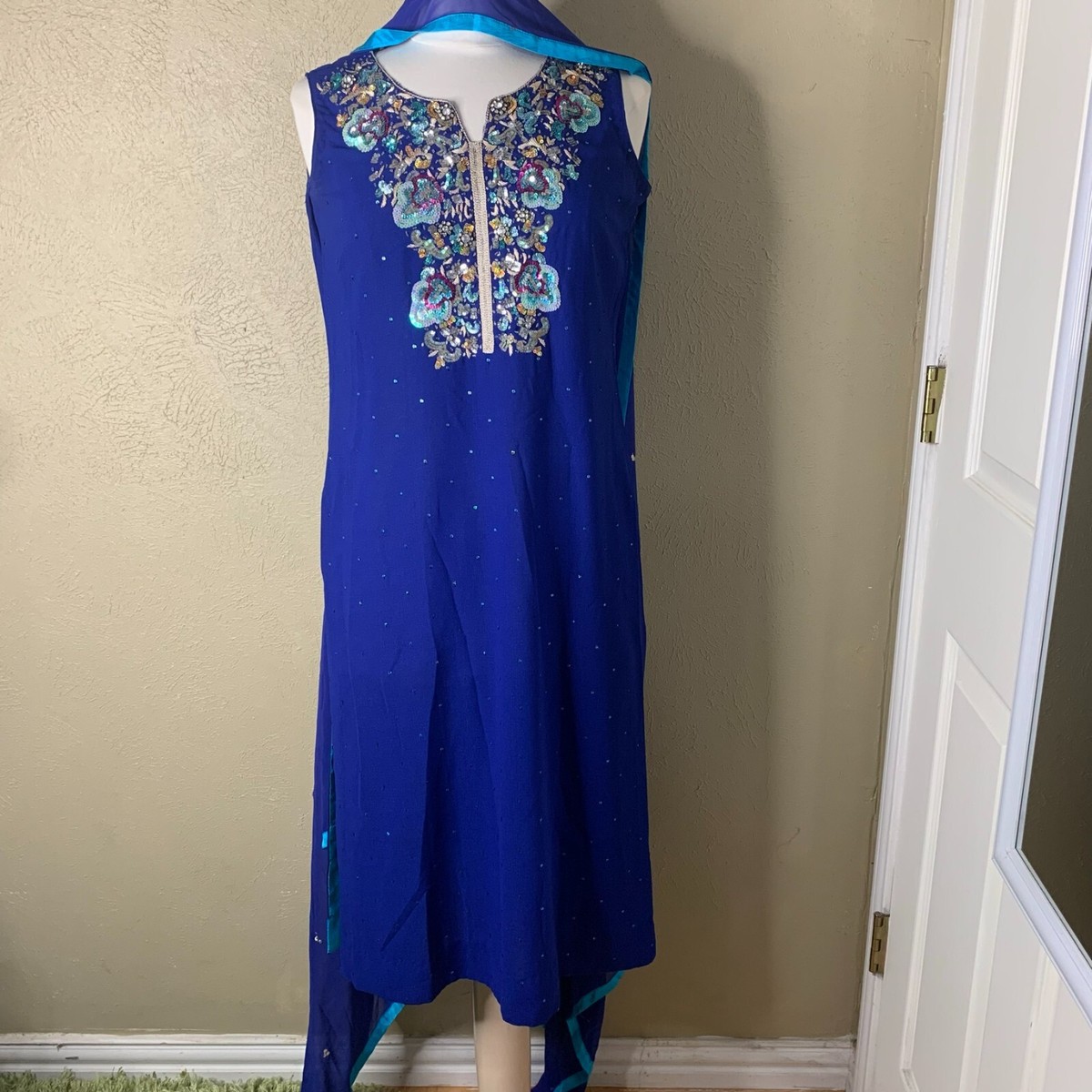 Pakistani Indian Sequined Wedding Embroidered Party Dress Blue Medium 2 pc  | eBay