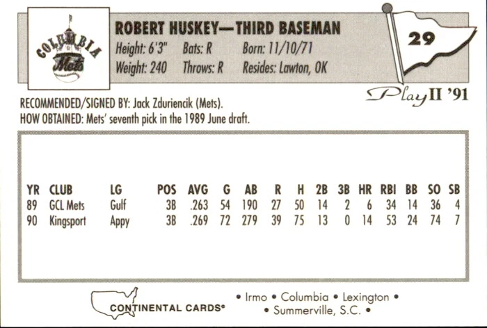 1991 Columbia Mets Play II #29 Butch Huskey Lawton Oklahoma OK Baseball Card - Image 2 of 2