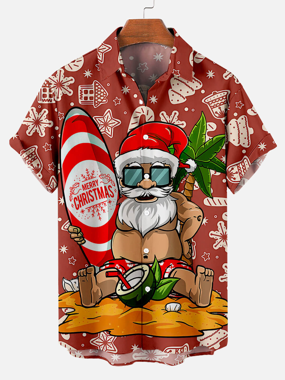 Surfing Santa Illustration Mens Short Sleeve Hawaiian Shirt