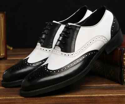 Men's Handmade White, Black Leather Oxford Wingtip Brogue Lace Up Dress Shoe Men