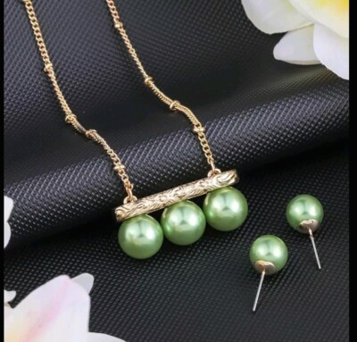 Hawaii Polynesisch Grün Perlen Schmuck Set Halskette Ohrringe