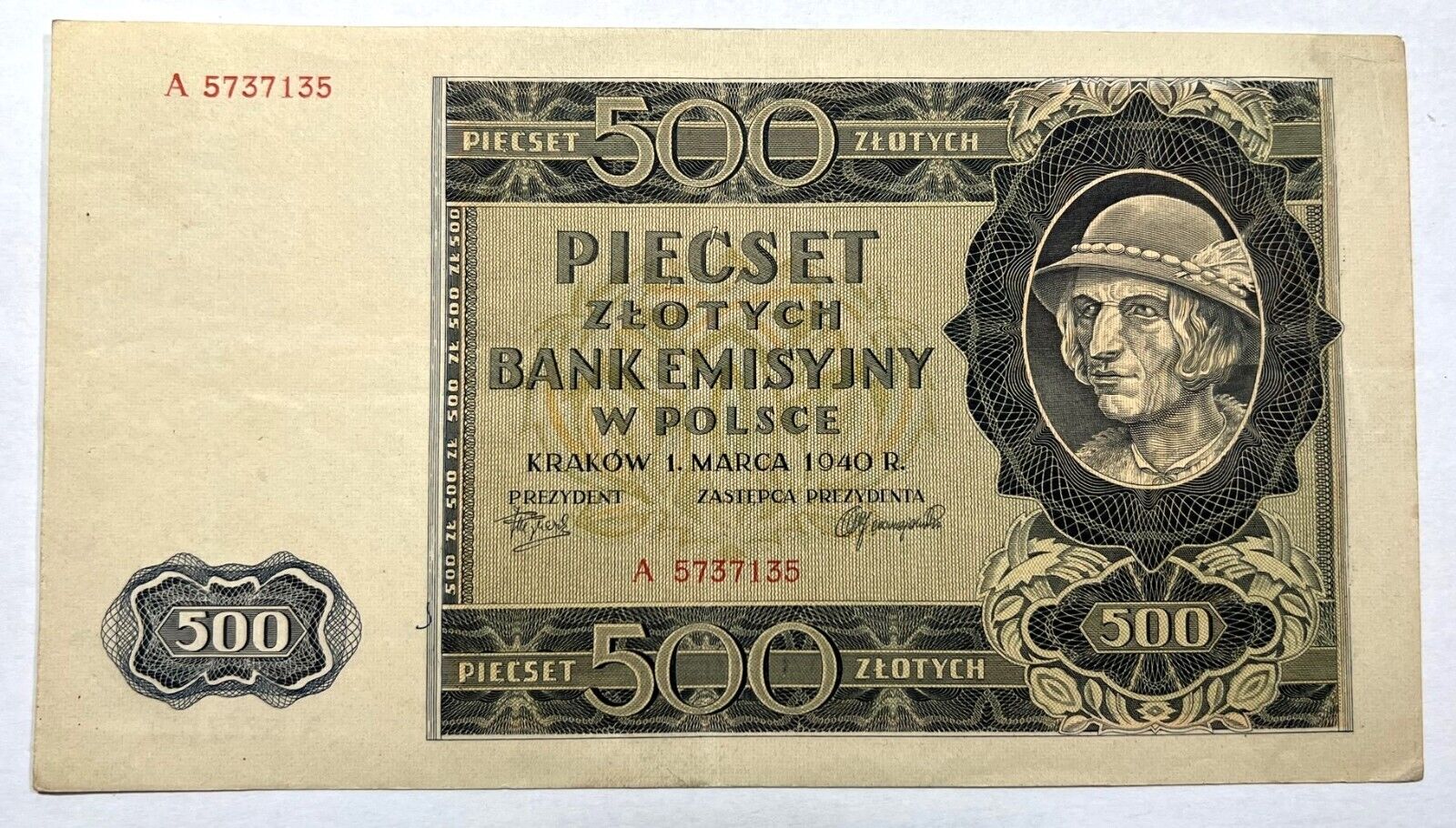 1940 - Poland  -  500 Zlotych Banknote (Serial#.....135)