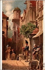 Carl Spitzweg Er Kommt Street Scene Soldiers Vintage German Art Postcard