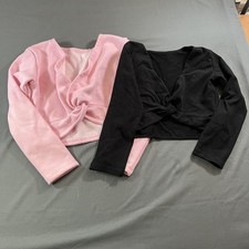 Girl 5-6Y Pink and Black Solid Cropped V-Neck Long Sleeve Pullover Ballet Tops
