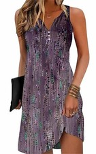 V-Neck Floral Printed Summer A-Line Elegant Dress, Purple, Small