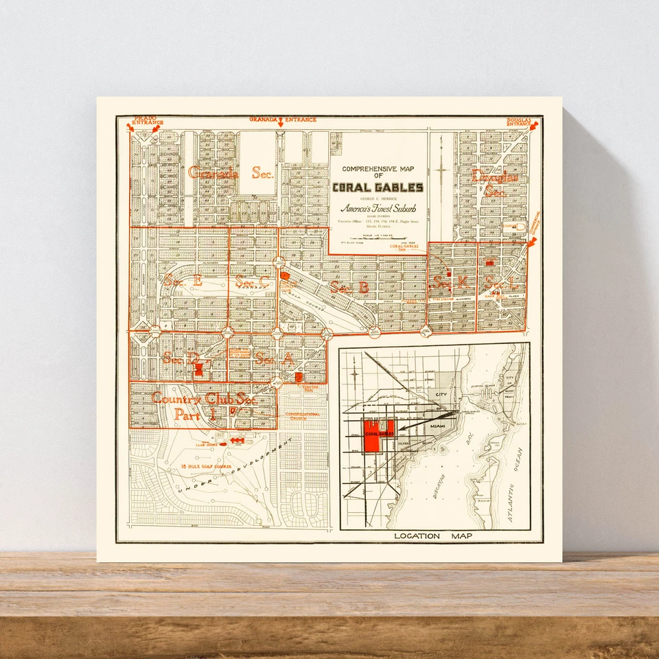 Antiguo mapa de Coral Gables, FL 1924 - Flor de Coral Gables de colección Foto 3 de 4