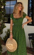 NEW Reformation Arna Organic Cotton Floral Midi Smock Dress Isla Green Size 12 L