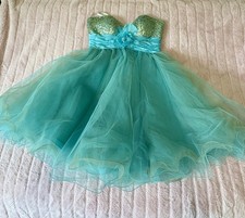 VTG Sherri Hill Teal Sequin & Tulle Homecoming/Prom Dress - Size 4(Needs Repair)