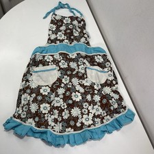 Vtg Retro Style Kitchen Apron Blue Brown Pockets Floral Print Ruffles Coquette