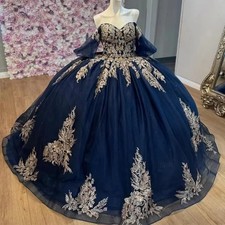 Navy Blue Quinceanera Dresses Bow Golden Lace Princess Prom Ball Gowns Sweet 16