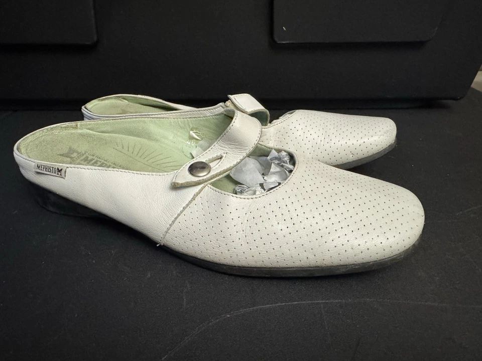 Mujer 8.5 Mephisto Cuero Blanco Sin Cordones Mules Zapatos Mocasines Zapatos Foto 2 de 4