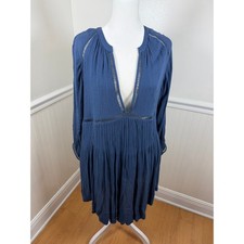 Free People Blue Vee Neck Tiered Mini Dress Long Sleeve Gauzy Boho Women Size M