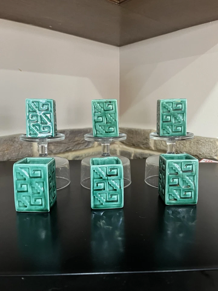 6 Forest Green Toothpick Holder Pottery Mid Century Modern Aztec Design Haeger - Image 3 of 4